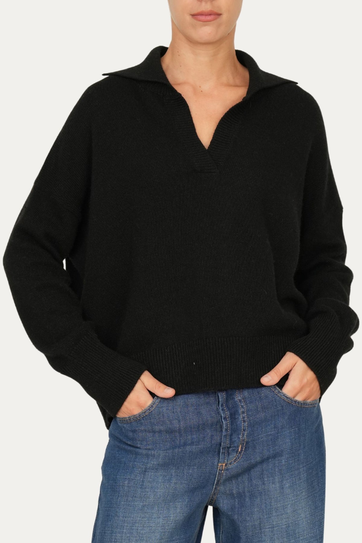 Maglia POLO a costine misto cashmere - Nero