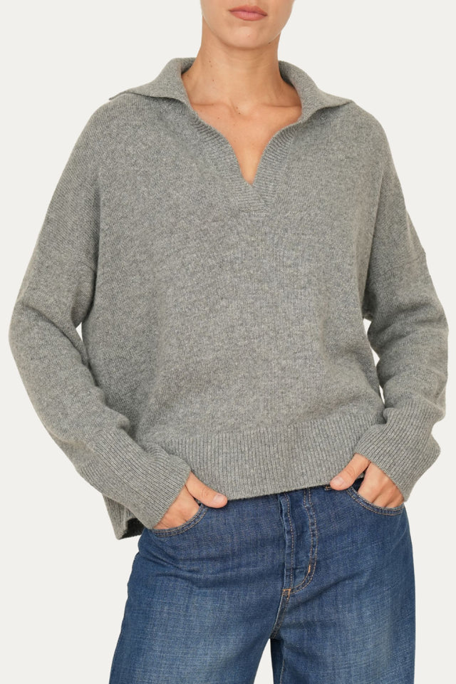 Maglia POLO a costine misto cashmere - Grigio