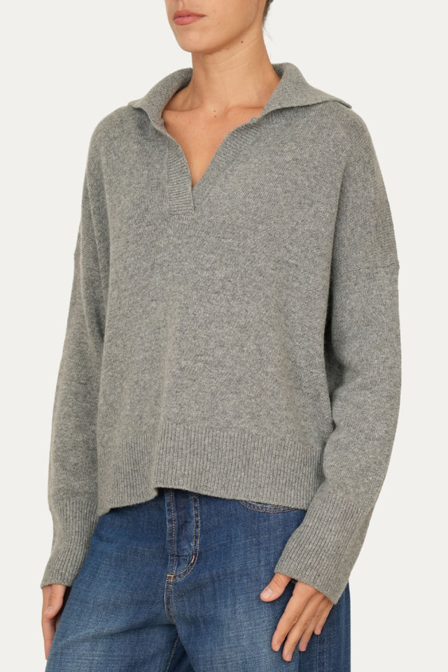 Maglia POLO a costine misto cashmere - Grigio