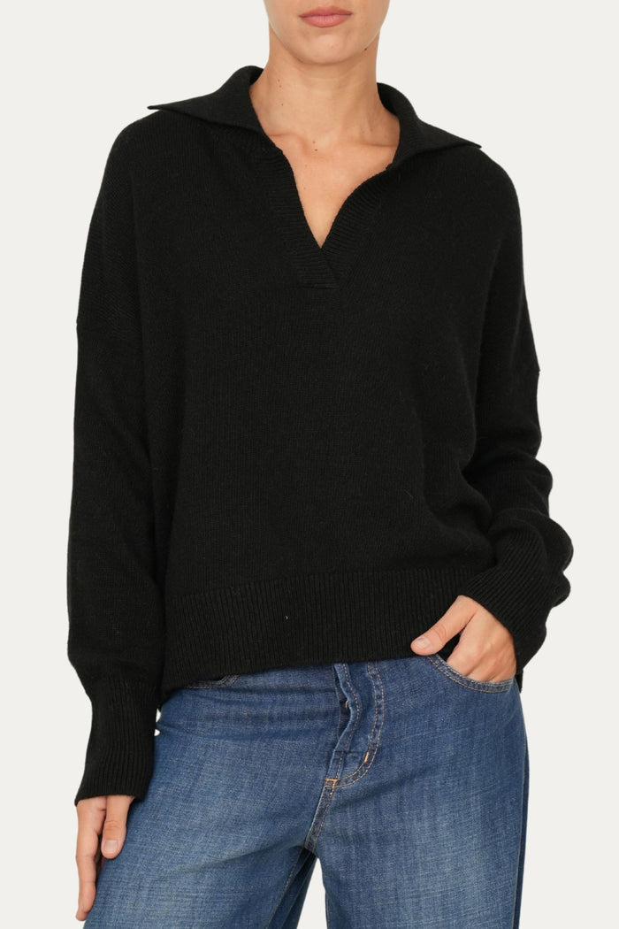 Maglia POLO a costine misto cashmere - Nero