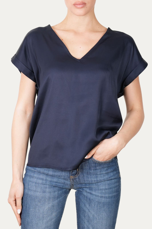 Blusa scollo a V in raso di viscosa - Blu Notte