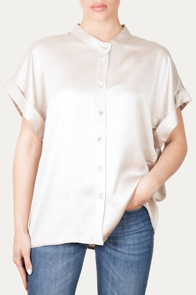 Blusa coreana a maniche corte in raso di viscosa - Champagne