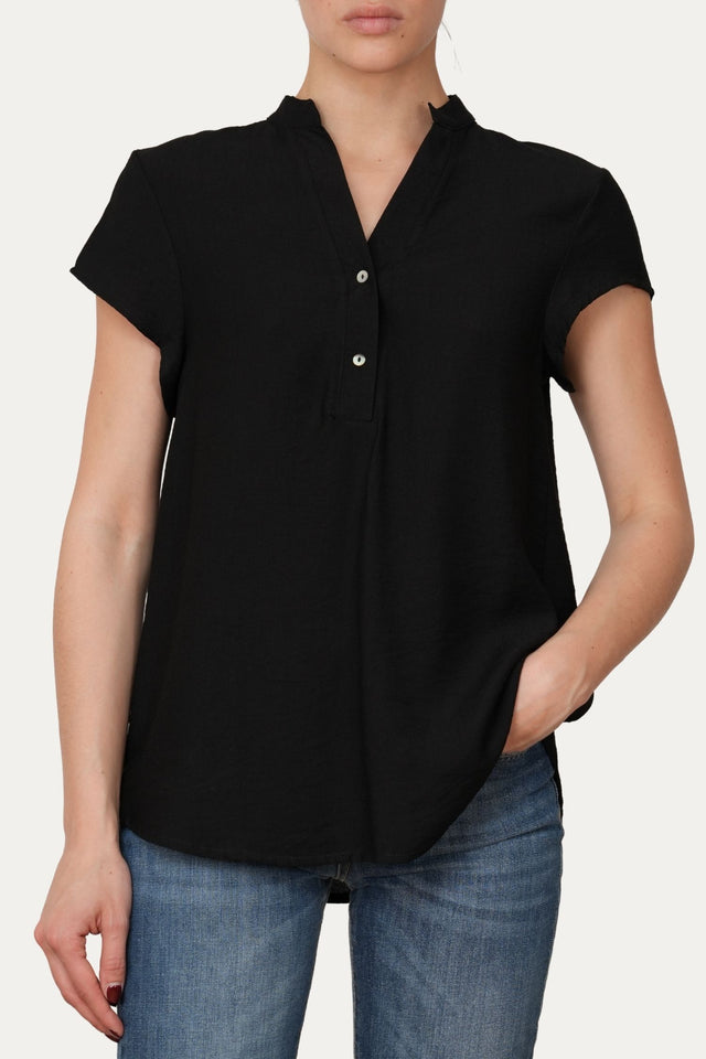 Blusa scollo a V con bottoni in viscosa strutturata - Nero