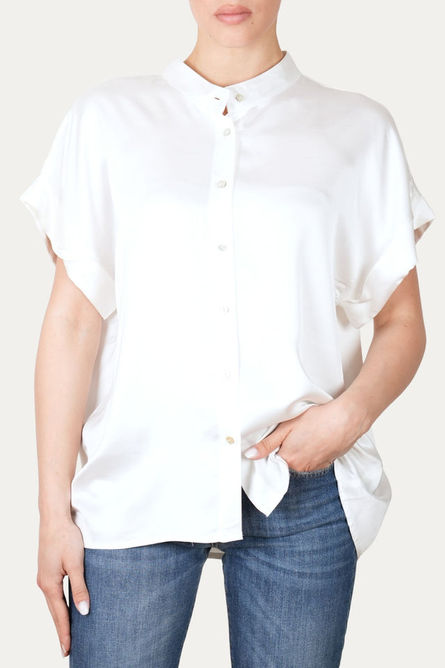Blusa coreana a maniche corte in raso di viscosa - Perla