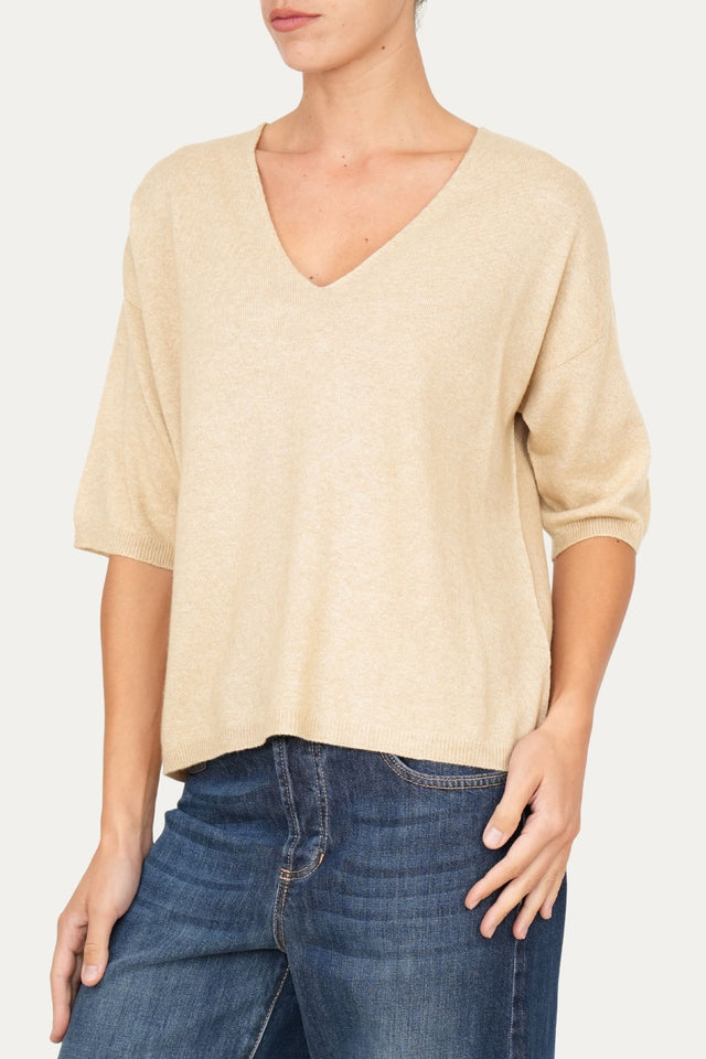 Maglia a scatola manica 3/4 misto cashmere - Grano