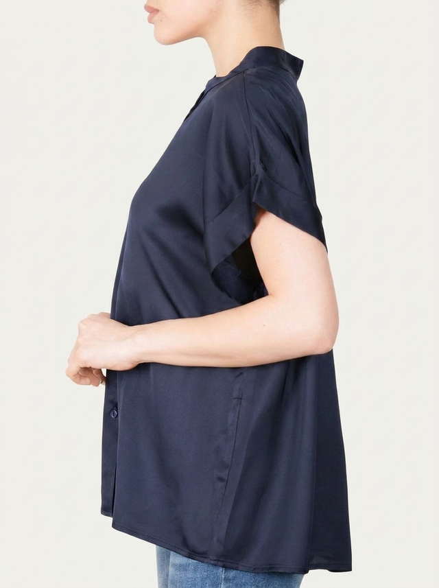 Blusa coreana a maniche corte in raso di viscosa - Blu Notte