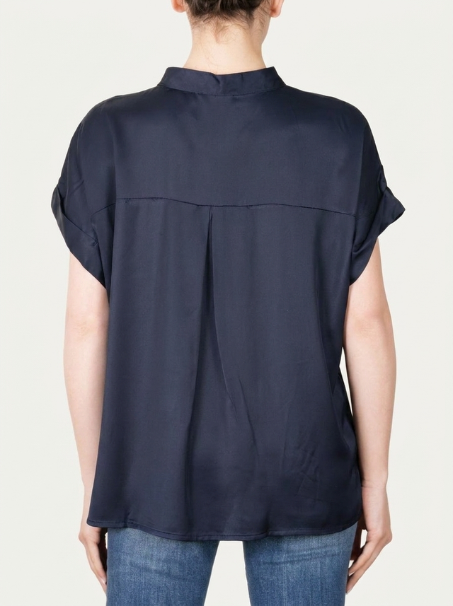 Blusa coreana a maniche corte in raso di viscosa - Blu Notte