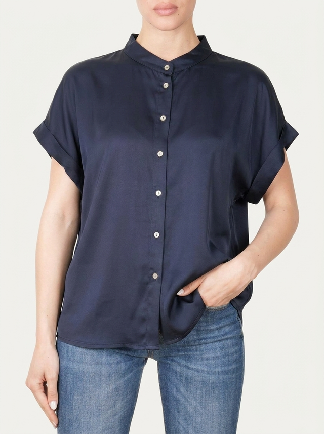 Blusa coreana a maniche corte in raso di viscosa - Blu Notte