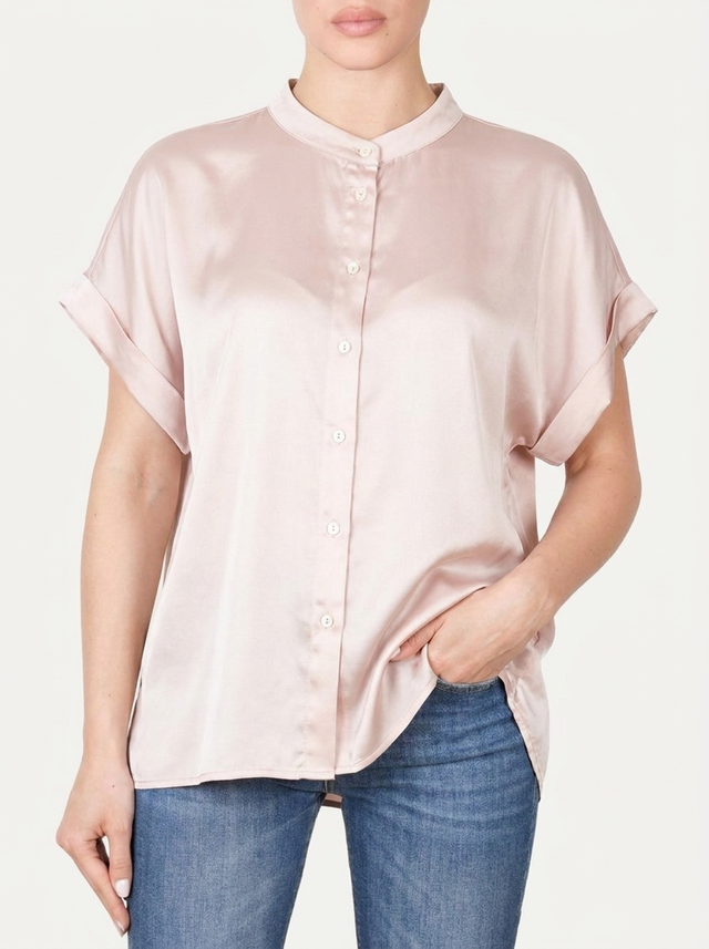 Blusa coreana a maniche corte in raso di viscosa - Cipria