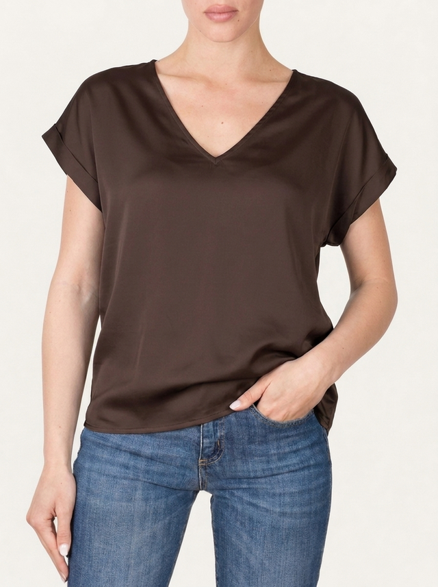 Blusa scollo a V in raso di viscosa - Cioccolato