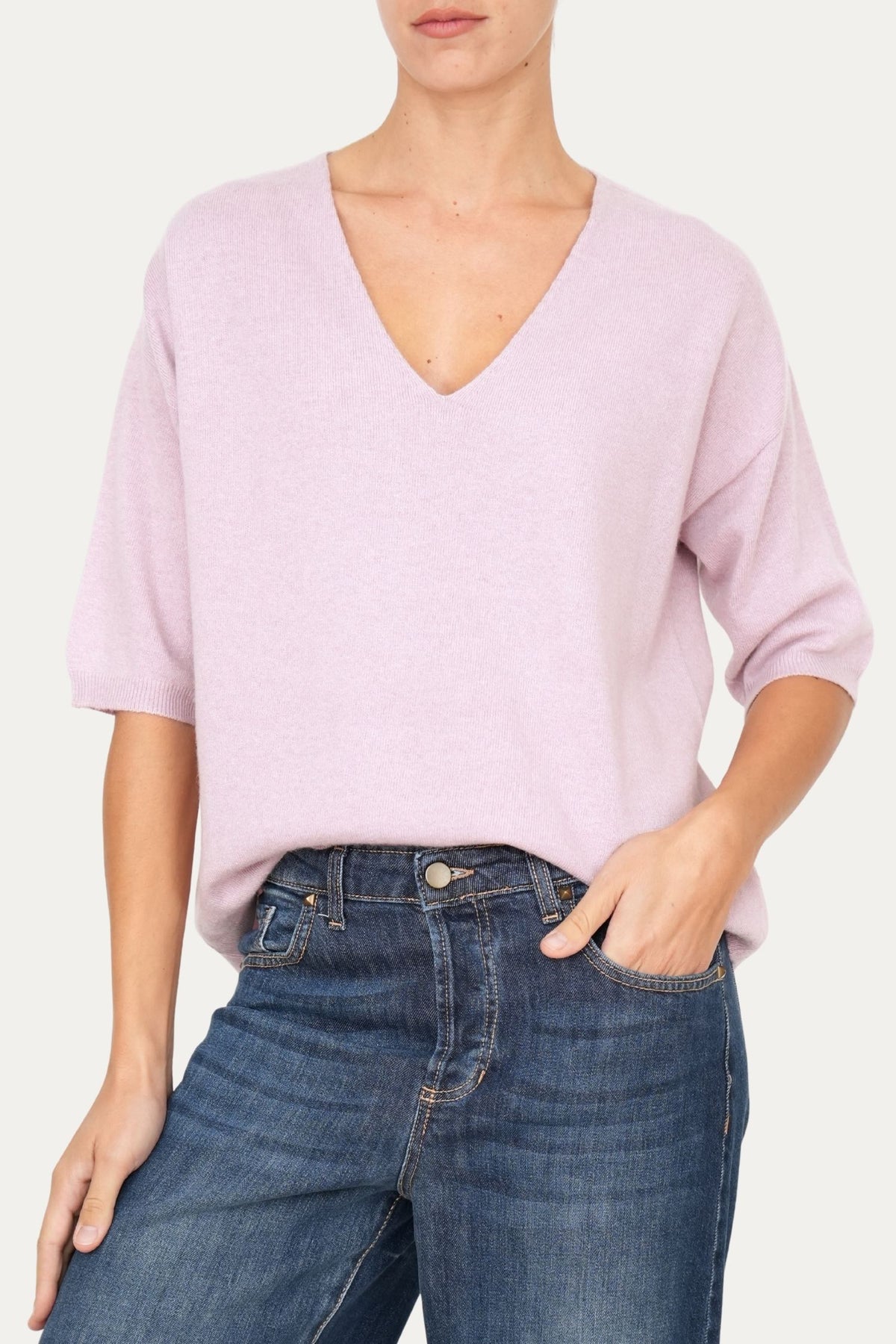 Maglia a scatola manica 3/4 misto cashmere - Malva
