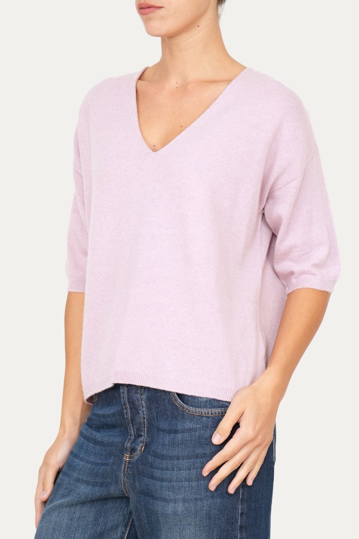 Maglia a scatola manica 3/4 misto cashmere - Malva