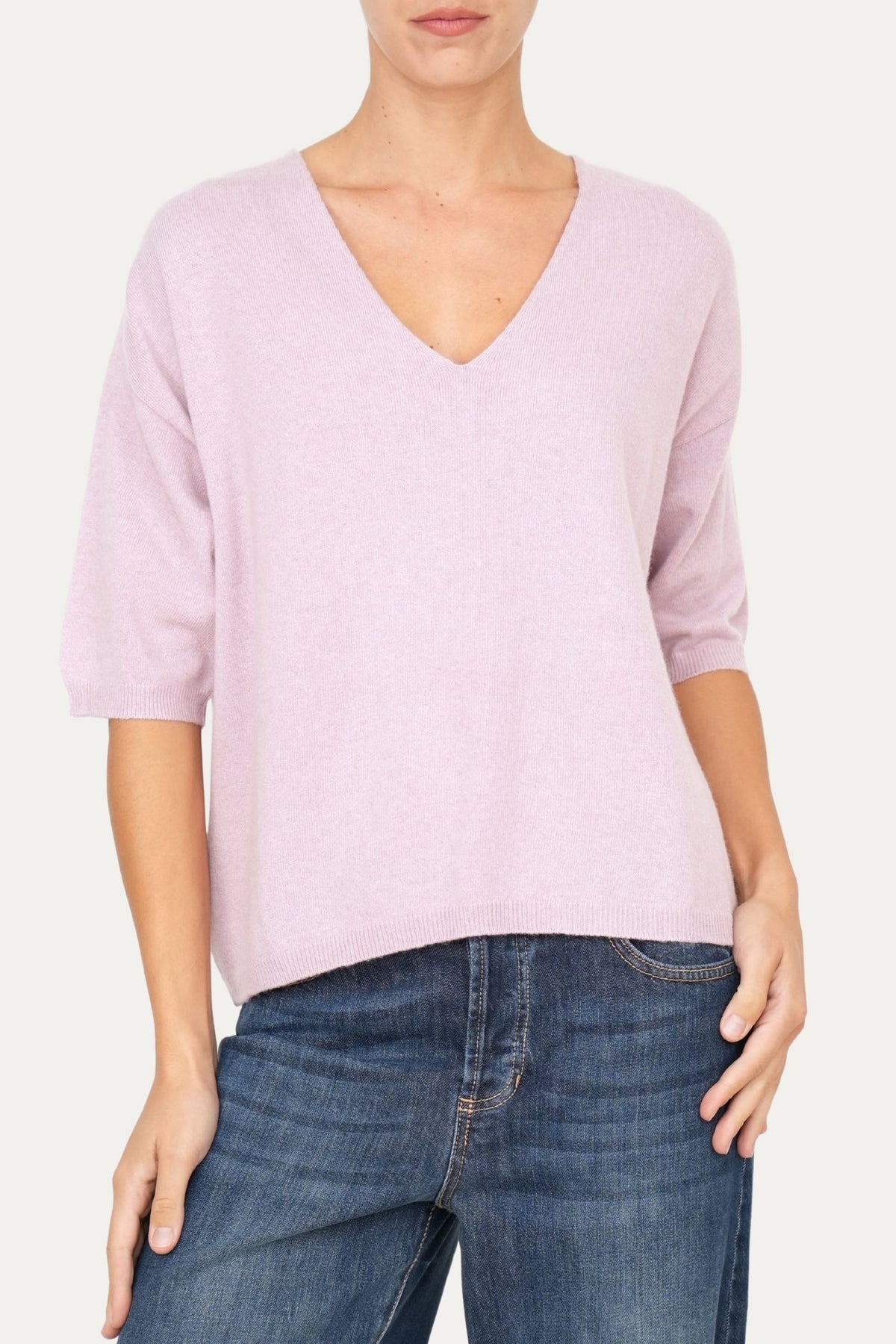 Maglia a scatola manica 3/4 misto cashmere - Malva