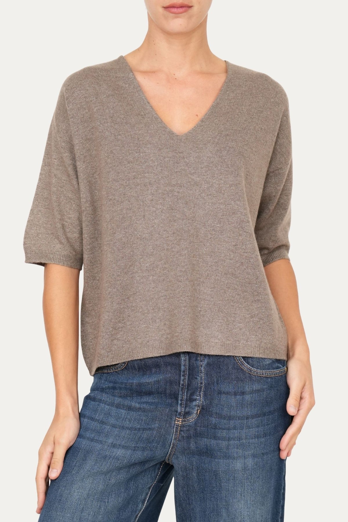 Maglia a scatola manica 3/4 misto cashmere - Noce