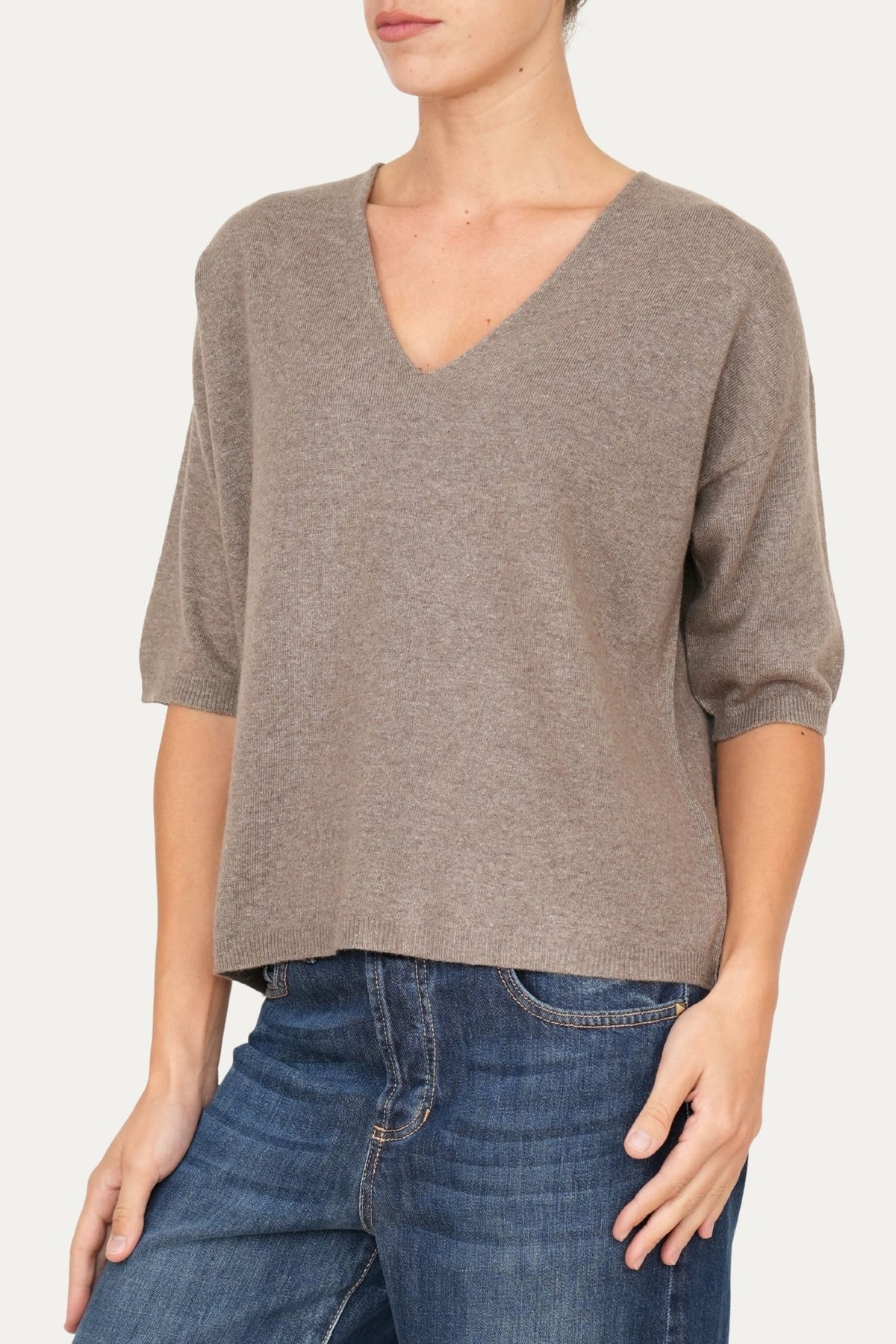 Maglia a scatola manica 3/4 misto cashmere - Noce