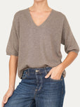 Maglia a scatola manica 3/4 misto cashmere - Noce