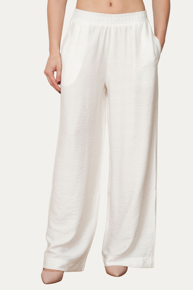 Pantalone palazzo con elastico in viscosa strutturata - Bianco