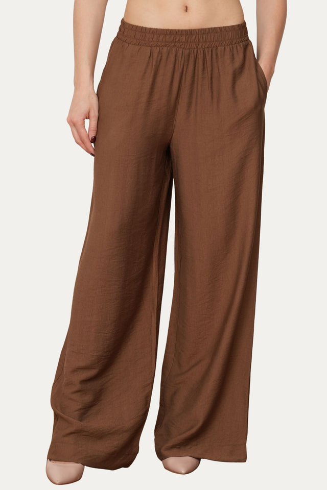 Pantalone palazzo con elastico in viscosa strutturata - Moka