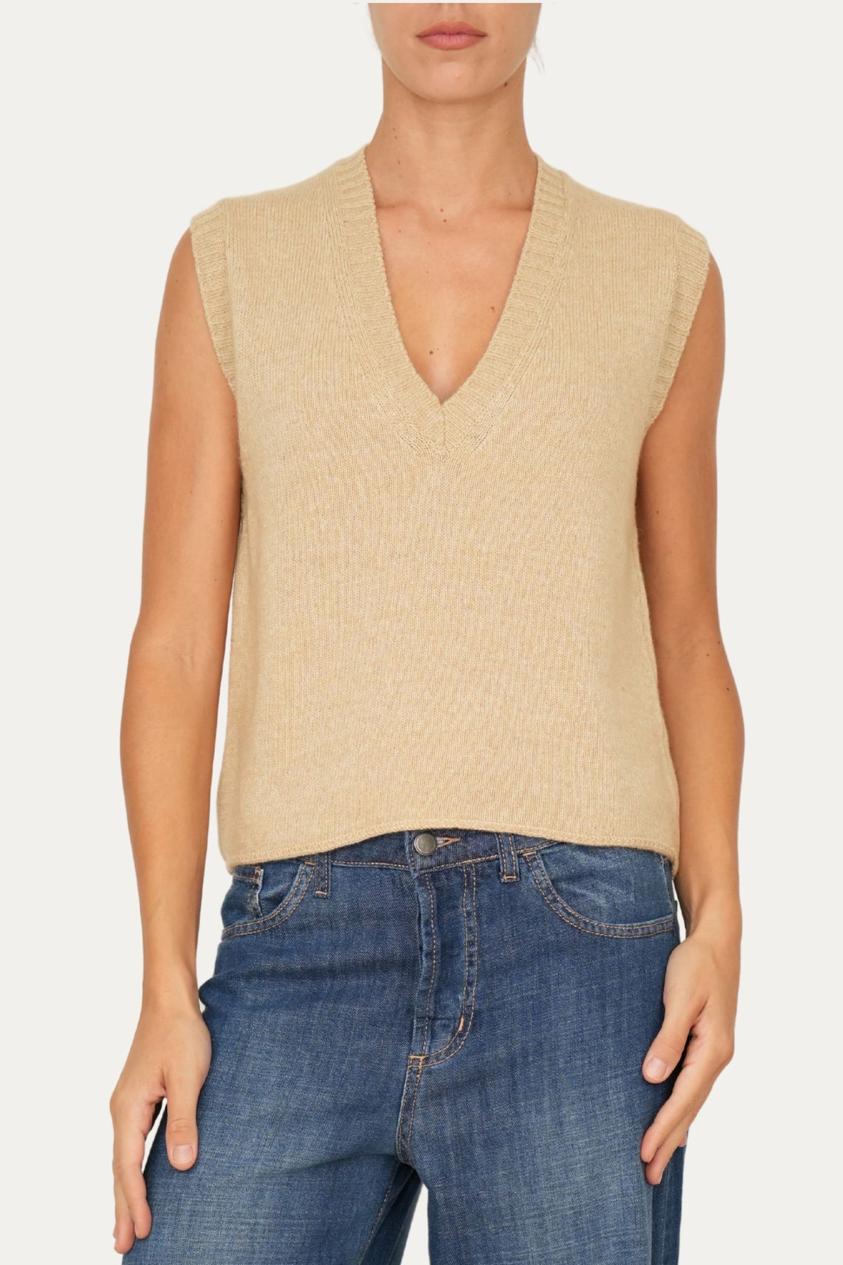Gilet smanicato a costine misto cashmere - Grano