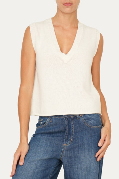 Gilet smanicato a costine misto cashmere - Panna