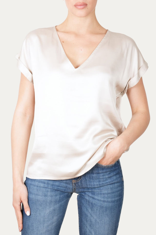 Blusa scollo a V in raso di viscosa - Champagne