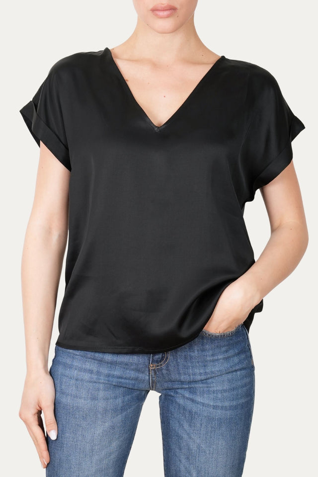 Blusa scollo a V in raso di viscosa - Nero